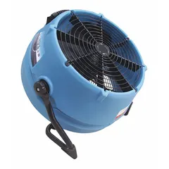 Portable axial blower with 1/2 hp motor, variable speed control, and GFCI protection for safe operation on 115V AC circuits. Features a pivoting frame with 360° rotation and a polyethylene housing. Suitable for drying, ventilation, and air movement in construction, restoration, and industrial applications.