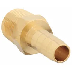 This brass rigid barbed hose fitting connects 3/8 in I.D. hose to NPT threaded ports. It features a hex nipple grip for wrench tightening. Suitable for air, water, and chemical systems.