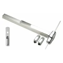 Aluminum surface vertical rod exit device with touchbar and thumbpiece pull. Designed for doors up to 3 ft wide. Suitable for use in commercial and institutional buildings requiring panic hardware for emergency egress.