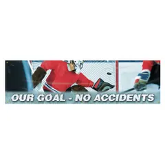 Indoor/outdoor banner made of poly sheeting, printed on one side with the message 'Our Goal, No Accidents'. Nominal size 28 in x 96 in. Suitable for use in industrial facilities to promote safety awareness.