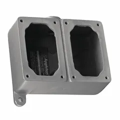 This 2-gang hazardous location electrical box is constructed of copper-free aluminum for corrosion resistance. It features a 1/2-inch dead end hub and is designed for mounting and protecting electrical connections in environments where flammable gases or vapors may be present.