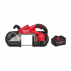 This cordless band saw kit features a brushless motor and a 44 7/8 in blade length, with a maximum cutting length of 5 in. It includes one battery but no charger. Typical applications include cutting metal, conduit, pipe, and rebar on job sites.