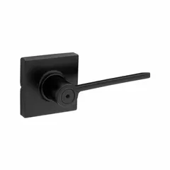 Privacy lever lockset with ANSI F76 function, suitable for interior doors requiring locking privacy such as bathrooms or bedrooms. Features a rose style and black painted zinc finish. ADA compliant for accessible hardware applications.
