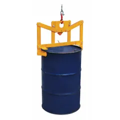 This steel drum lifting hook is designed for handling metal 55-gallon drums by their rim. With a 1,000 lb weight capacity and a yellow finish, it is used in material handling applications such as moving and positioning drums in warehouses, manufacturing, and shipping areas.