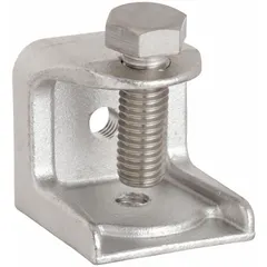 Beam clamp with set-screw design for securing threaded rods, pipes, or conduit to steel beams without drilling. Constructed of 316 stainless steel for corrosion resistance. Thread size: 1/4". Load capacity: 150 lb.