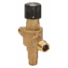 This point-of-use thermostatic mixing valve blends hot and cold water to a preset outlet temperature, helping prevent scalding. It features a Polymer Thermoplastic Shuttle for internal regulation and has 1/2 in inlet and outlet connections. Suitable for installation at sinks, showers, or lavatories in commercial and institutional settings.