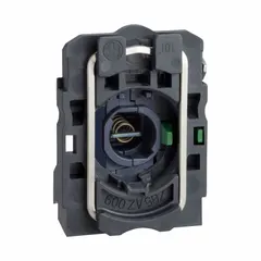 This contact and light block assembly from the XB5 series features a 1NO contact configuration and an incandescent lamp module rated ≤250V AC/DC. It is designed for 22 mm panel mounting and does not include a bulb. Typical applications include visual indication and switching in industrial control panels and machinery.