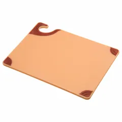 This brown co-polymer cutting board measures 9 inches wide by 12 inches long. It is NSF Certified for sanitation compliance, suitable for food preparation in commercial kitchens and food service operations. The color coding helps designate specific food types to reduce cross-contamination.