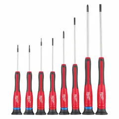 This 8-piece precision screwdriver set includes Phillips and slotted tips for controlled torque on small fasteners. The overall length of 10-3/4 in provides reach for electronics, appliance repair, and light assembly tasks.