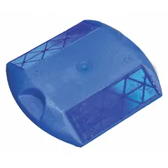 This raised pavement marker features a blue body and blue lens for two-way reflectivity. It measures 4 in x 3 1/2 in x 5/8 in and is designed for installation on concrete surfaces using a pressure-sensitive adhesive. The marker includes installation hardware and is supplied in a 100-pack. Commonly used for lane delineation, edge marking, or hazard identification on roadways.