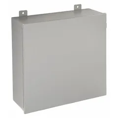 This WIEGMANN steel enclosure measures 24 x 24 x 9 inches and is rated NEMA 12/13 for protection against dust, dirt, and non-corrosive liquids. It features a solid hinged cover secured with screws and does not include knockouts. Suitable for indoor industrial applications housing electrical controls, terminals, and instruments.