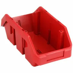 Red cross-stacking plastic bin for organizing small parts, components, or tools in warehouses, manufacturing facilities, and workshops. Measures 6-5/8 x 12-1/2 x 5 in. Includes label holder for clear identification. Not electrostatic discharge conductive. 0% recycled content.
