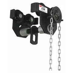This geared trolley is designed for moving hoists along tapered beams in industrial material handling applications. It has a maximum hoist load capacity of 4,000 lb and features a steel trolley frame. The geared mechanism allows controlled positioning of heavy loads.