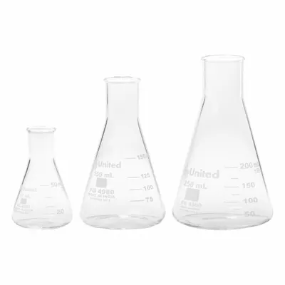 UNITED SCIENTIFIC SUPPLIES Glass Erlenmeyer Flask Set, 50 mL, 150 mL, 200 mL - Glass Erlenmeyer Flask Sets