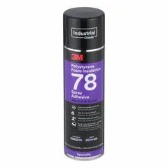 3M 78 is a clear spray adhesive in a 24 fl oz aerosol can with a lace spray pattern. It bonds wood and plastics, forming a bond stronger than polystyrene foam. For interior use only, not water-resistant, and meets LEED standards. Suitable for upholstery, panel assembly, and craft fabrication.