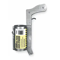This steel marking pistol is designed for use with aerosol cans, featuring a light-touch trigger for controlled application. With a 12-inch overall length, it is suited for striping and marking tasks in industrial and facility settings.