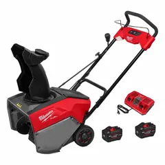 This cordless snow blower clears a 12-inch depth and throws snow up to 35 feet. It operates at a fixed speed and includes a 12.0 Ah battery and a Scrench tool. Suitable for clearing snow from driveways, walkways, and patios.