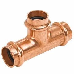 Copper or bronze press tee fitting with 4 in CTS x 2 in CTS x 4 in CTS size and press-fit connections on all ends. Used in plumbing systems to branch or join copper tubing for water supply lines.