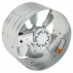 Gable-mount attic exhaust fan with standard-efficiency motor, delivering up to 1,140 cfm for attics up to 1,630 sq ft. Operates on 120V AC at 3.1 A. Includes a galvanized steel housing and built-in thermostat for automatic temperature control. Suitable for residential or light commercial ventilation to reduce heat buildup and moisture.