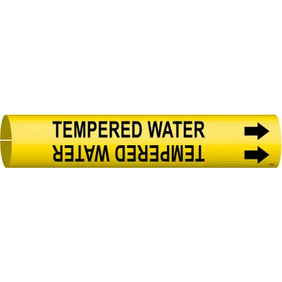 BRADY Pipe Marker: Tempered Water, Yellow, Black, Fits 3/4 to 1 3/8 in Pipe O.D. - Tempered Water Snap-On Pipe Markers
