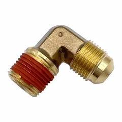 Brass 45-degree flared/threaded elbow for connecting 3/8 in OD tubing to 1/4 in pipe threads. Meets SAE J512 standards. Used in hydraulic, pneumatic, and lubrication systems to create leak-resistant angled joints.