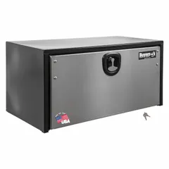 Single drop-down door box for underbody truck mounting. Black finish with keyed lock. Overall depth 24 inches. Provides secure storage for tools and equipment.