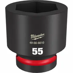 This 1" drive impact socket features a 55 mm metric size with a 6-point standard configuration and friction ring retention. The black phosphate finish provides corrosion resistance. Designed for use with impact tools in heavy-duty fastening and loosening tasks on large metric fasteners.