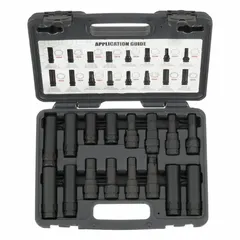This 16-piece lug nut socket set includes a 10-point socket and an 8-point star pattern, covering sizes from 12 mm to 15 mm. The sockets feature a black oxide finish and a 7/8 in drive size. Designed for removing and installing locking lug nuts on vehicles, this set is commonly used in automotive repair and wheel service applications.