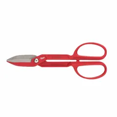 This right-cutting tinner snip is made of steel with a 12-inch overall length and a 3-inch cutting length. It is designed for cutting sheet metal, such as cold rolled steel up to 20 gauge, and is commonly used in HVAC, roofing, and metal fabrication for trimming ductwork, flashing, and panels.