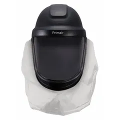 This replacement/accessory headgear is a universal-size hard hat with a coated visor and disposable short shroud, designed for use with a PAPR system. It provides head and face protection in environments requiring respiratory protection.