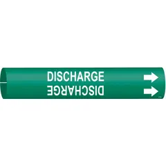 Snap-on pipe marker for identifying discharge lines in piping systems. Green and white with directional arrows. Fits pipe outer diameters from 1-1/2 to 2-3/8 inches. Supplied as a single marker.
