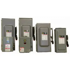 Fusible safety switch rated 100 A, three-phase, 240V AC. Galvanized steel enclosure for indoor use. Provides a visible disconnection point for electrical circuits in industrial and commercial applications such as motor control centers, panelboards, and machinery isolation.