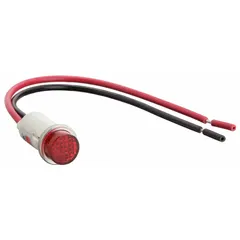LED indicator pilot light with a raised head design for high visibility. Features a 12 mm panel mounting hole diameter and 6 in wire leads for electrical connection. Used to signal equipment status on industrial control panels, machinery, and automation systems.