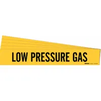 Yellow adhesive pipe marker with black legend reading 'Low Pressure Gas'. Designed for pipe outer diameters of 8 inches and larger. Pack of 5 markers without directional arrows. Used to identify low-pressure gas lines in industrial facilities
