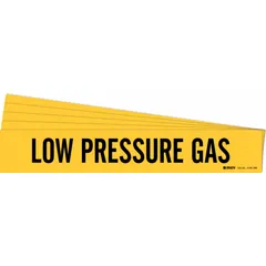 Yellow adhesive pipe marker with black legend reading 'Low Pressure Gas'. Designed for pipe outer diameters of 8 inches and larger. Pack of 5 markers without directional arrows. Used to identify low-pressure gas lines in industrial facilities.