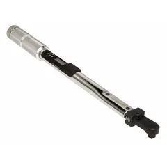 This electronic torque and angle wrench features a standard head with audible and visual indicators for precise fastening. It includes a calibration certificate. Typical applications include automotive assembly, aerospace maintenance, and industrial manufacturing where both torque and angle control are required.