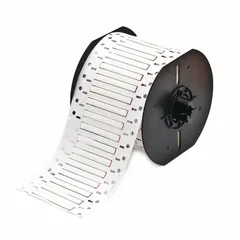 Polyolefin, white matte precut sleeve label roll for wire identification. Each label measures 1/8 in x 2 in and fits 16 AWG to 20 AWG wire gauge. Compatible with BBP33 printer series. Used for marking wires in industrial control panels, electrical cabinets, and similar applications.