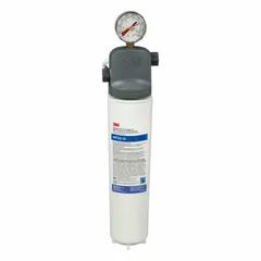 This high-flow filtration system is designed for ice machines and refrigerators. It uses a 0.2 micron pleated membrane filter media to reduce objectionable odors. The unit has a flow rate of 1.7 gpm and an overall height of 17 1/2 inches.