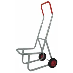 This stacking-chair hand truck is designed for moving up to 16 chairs at once. It features a flow-back design and gray finish. The 8-inch wheels with tread on core provide smooth rolling. Typical applications include event venues, schools, and banquet halls where frequent chair rearrangement is needed.