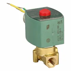 Normally closed solenoid valve with 1/4 in pipe size, 24V DC operation, and brass body. Designed for high-flow applications in liquid or gas control systems. Coil enclosure without junction box.