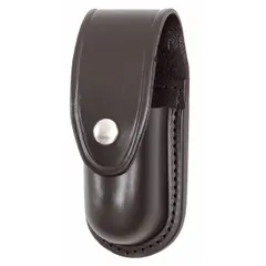 This high gloss leather holster is designed to securely carry pepper spray canisters. It features a snap closure for quick access and is constructed from black leather. Suitable for security and personal defense applications where carrying aerosol defense spray is required.