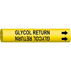 Yellow snap-on pipe marker with black legend reading 'Glycol Return' and directional arrows. Fits pipe outer diameters from 2-1/2 to 3-7/8 inches. Used to identify glycol return lines in industrial piping systems for compliance with pipe-labeling standards.