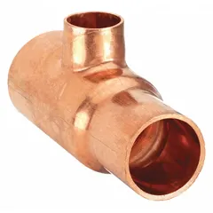 Wrot copper tee fitting with three cup ends for sweat/solder connections. Connects 1/2 in, 1/2 in, and 1/8 in CTS copper tube branches. Used in plumbing and HVAC systems for distributing flow.