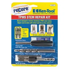 This steel TPMS stem repair kit is used by automotive technicians to service tire pressure monitoring system valve stems. It includes thread locker for secure installation. Overall dimensions: 8 3/4 in length, 6 1/4 in width.