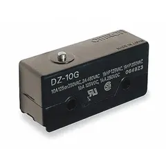 The OMRON DZ-10G-1A is a snap-action switch with a pin plunger actuator, featuring 3 normally open and 3 normally closed contacts. It has solder electrical connections and an AC contact rating of 2 A at 480 V. This switch is used in industrial automation for position sensing, limit control, and interlocking in machinery such as conveyors and packaging equipment.