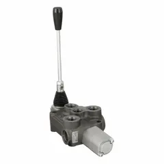 This manual spool monoblock valve is a four-way, three-position directional control valve with an open center and detent. It is used in hydraulic systems to direct fluid flow for actuating cylinders or motors in mobile and industrial equipment.