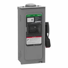 Non-fusible safety switch rated 30 A, three-phase, 600V AC/DC. Galvanized steel enclosure. Used for disconnecting power in industrial and commercial electrical systems, such as manufacturing equipment, HVAC, and heavy machinery.