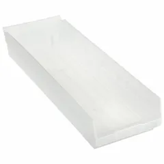 This clear plastic shelf bin is designed for organizing small parts, components, and tools on shelving in warehouses, workshops, and industrial facilities. Its transparent finish allows quick visual identification of contents. The bin is nesting capable for space-saving storage when not in use. Dimensions: 23 5/8 in overall length, 8 3/8 in x 4 in. Not hangable and not electrostatic discharge conductive. Dividers not included.
