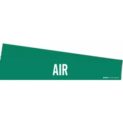 Green adhesive pipe marker with white legend 'Air' for identifying air piping systems. Fits pipe outer diameters of 8 inches and larger. Supplied as a 5-pack without directional arrows. Suitable for industrial facilities where clear pipe content identification is required.
