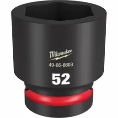 This 1" drive impact socket is designed for heavy-duty fastening applications such as tightening or loosening large nuts and bolts on industrial equipment, construction machinery, and automotive assemblies. It features a 52 mm metric size, 6-point standard configuration, and a black phosphate finish. The friction ring retention mechanism secures the socket on the anvil.